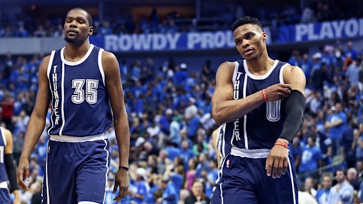 Apr 23, 2016; Dallas, TX, USA; Oklahoma City Thunder forward Kevin Durant (35) and guard Russell Westbrook (0) react at the end of the second quarter against the Dallas Mavericks in game four of the first round of the NBA Playoffs at American Airlines Center. Mandatory Credit: Kevin Jairaj-Imagn Images