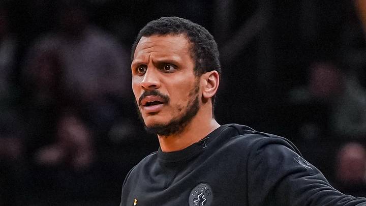 Apr 28, 2026; Boston, Massachusetts, USA; Boston Celtics head coach Joe Mazzulla watches from the sideline as they take on the Philadelphia 76ers during game five of the first round of the 2026 NBA Playoffs at TD Garden. Mandatory Credit: David Butler II-Imagn Images