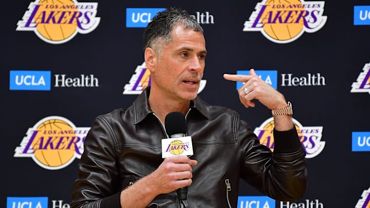 Feb 4, 2025; El Segundo, CA, USA; Los Angeles Lakers vice president of basketball operations and general manager Rob Pelinka introduced guard Luka Doncic at UCLA Health Training Center. Mandatory Credit: Gary A. Vasquez-Imagn Images Feb 4, 2025; El Segundo, CA, USA; Los Angeles Lakers vice president of basketball operations and general manager Rob Pelinka introduced guard Luka Doncic at UCLA Health Training Center. Mandatory Credit: Gary A. Vasquez-Imagn Images