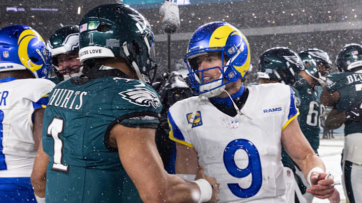 Jan 19, 2025; Philadelphia, Pennsylvania, USA; Philadelphia Eagles quarterback Jalen Hurts (1) and Los Angeles Rams quarterback Matthew Stafford (9) shake hands after a 2025 NFC divisional round game at Lincoln Financial Field. Mandatory Credit: Bill Streicher-Imagn Images