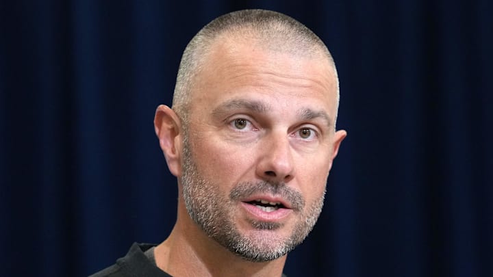 Feb 24, 2026; Indianapolis, IN, USA; Las Vegas Raiders general manager John Spytek speaks at the NFL Scouting Combine at the Indiana Convention Center. Mandatory Credit: Kirby Lee-Imagn Images