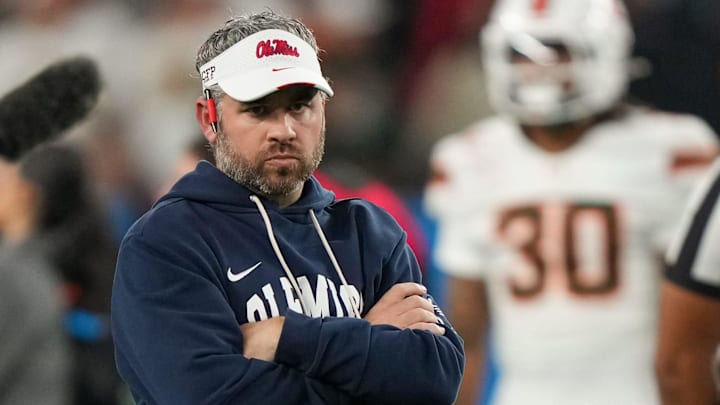 Ole Miss head coach Pete Golding stands on the field during warmups before the CFP Fiesta Bowl at the State Farm Stadium, in Glendale, Ariz., on Thursday, Jan. 8, 2026.