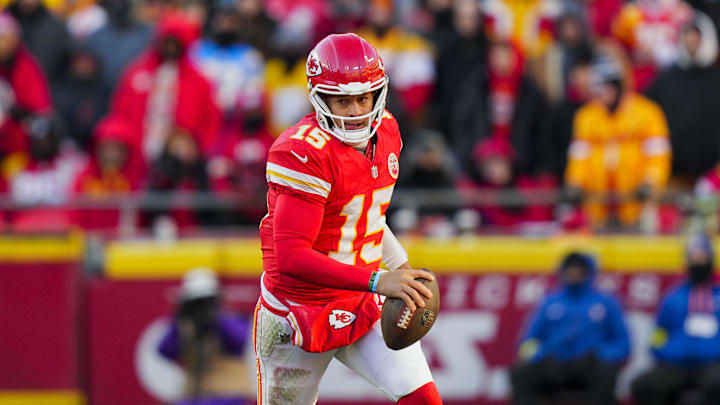 Dec 14, 2025; Kansas City, Missouri, USA; Kansas City Chiefs quarterback Patrick Mahomes (15) runs the ball during the second half against the Los Angeles Chargers at GEHA Field at Arrowhead Stadium. Mandatory Credit: Jay Biggerstaff-Imagn Images