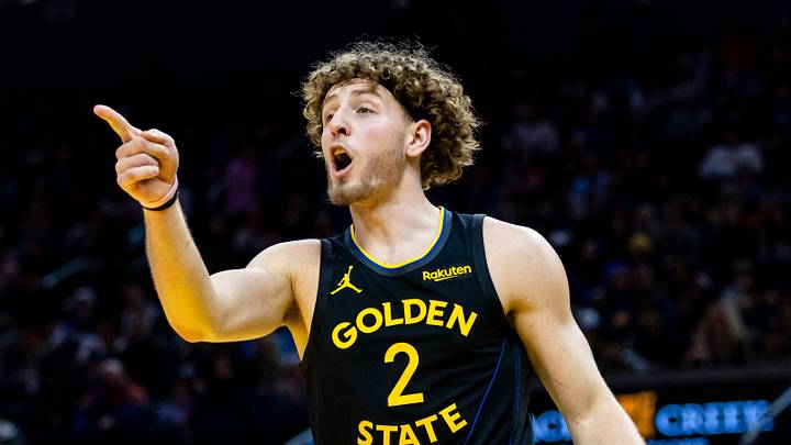 Dec 20, 2025; San Francisco, California, USA; Golden State Warriors guard Brandin Podziemski (2) reacts after he is called for a foul against a Phoenix Suns player during the fourth quarter at Chase Center. Mandatory Credit: John Hefti-Imagn Images