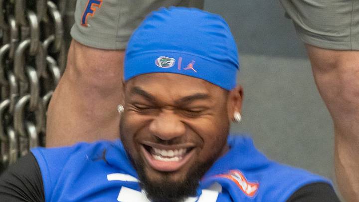 Indianapolis Colts edge rusher George Gumbs Jr. celebrates a good bench press Indianapolis Colts edge rusher George Gumbs Jr. celebrates a good bench press