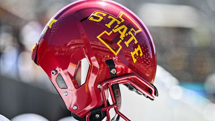 Sep 7, 2024; Iowa City, Iowa, USA; An Iowa State Cyclones helmet sits on the sidelines before the game against the Iowa Hawkeyes at Kinnick Stadium. 