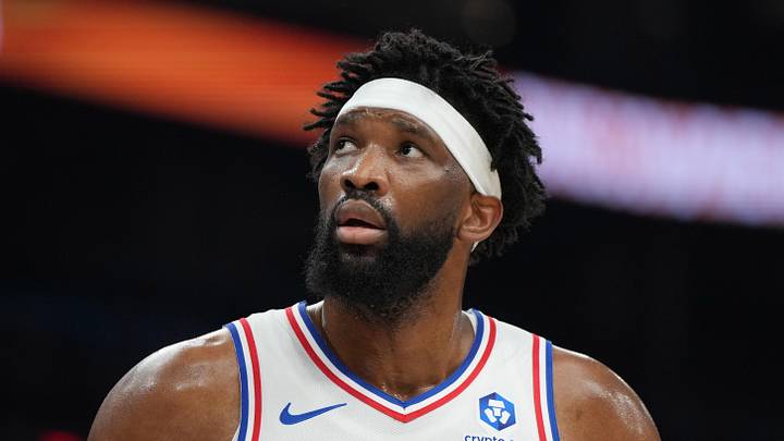 Philadelphia 76ers center Joel Embiid (21) reacts against the Phoenix Suns during the first half of an NBA game at Mortgage Matchup Center on February 7, 2026.