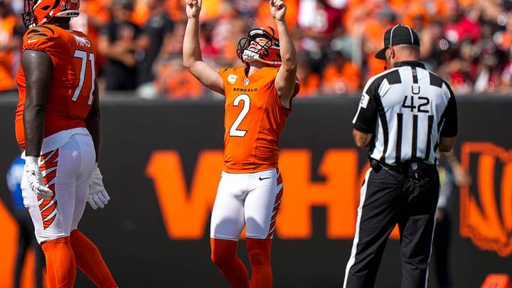 Cincinnati Bengals place kicker Evan McPherson (2) celebrates a filed goal in the fourth quarter of the NFL Week 1 game between the Cincinnati Bengals and the Tampa Bay Buccaneers at Paycor Stadium in Cincinnati on Sunday, Sept. 13, 2026. Cincinnati Bengals place kicker Evan McPherson (2) celebrates a filed goal in the fourth quarter of the NFL Week 1 game between the Cincinnati Bengals and the Tampa Bay Buccaneers at Paycor Stadium in Cincinnati on Sunday, Sept. 13, 2026.