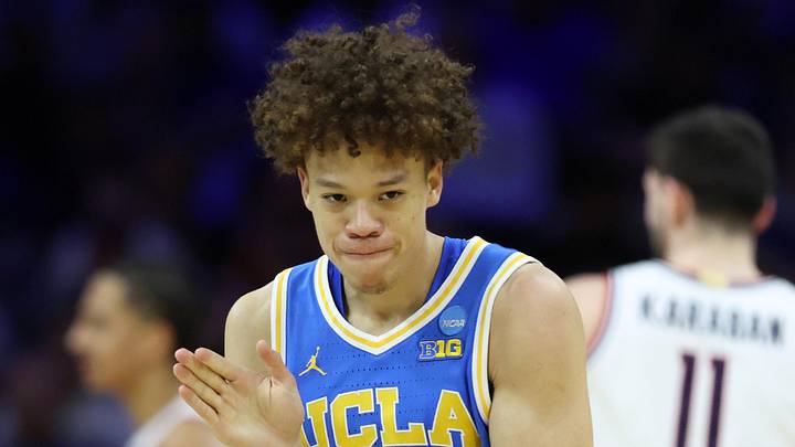 Mar 22, 2026; Philadelphia, PA, USA; UCLA Bruins guard Trent Perry (0) reacts against the UConn Huskies in the first half during a second round game of the men's 2026 NCAA Tournament at Xfinity Mobile Arena. Mandatory Credit: Bill Streicher-Imagn Images
