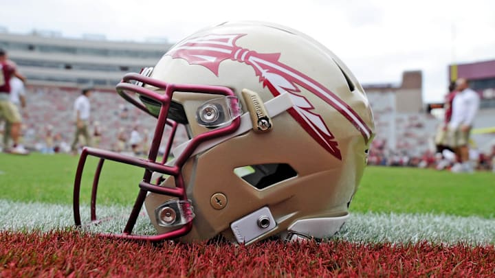 Oct 7, 2017; Tallahassee, FL, USA; View of a Florida State Seminoles helmet on the field before the game against the Miami Hurricanes at Doak Campbell Stadium. Mandatory Credit: Melina Vastola-Imagn Images