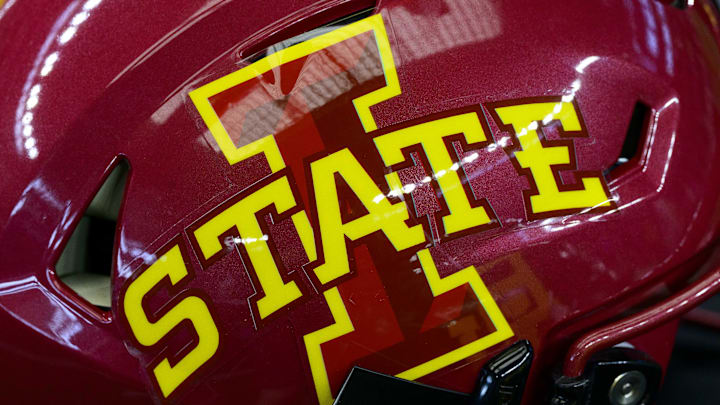 Jul 14, 2022; Arlington, TX, USA; A view of the Iowa State Cyclones helmet logo during the Big 12 Media Day at AT&T Stadium. Jul 14, 2022; Arlington, TX, USA; A view of the Iowa State Cyclones helmet logo during the Big 12 Media Day at AT&T Stadium.