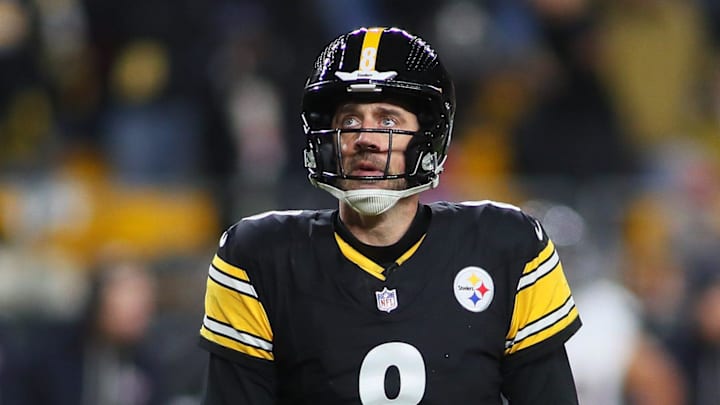 Pittsburgh Steelers quarterback Aaron Rodgers (8) looks on after being sacked during the first half of the NFL Wild Card game against the Houston Texans at Acrisure Stadium in Pittsburgh, PA on January 12, 2026.