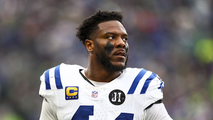 Dec 14, 2025; Seattle, Washington, USA; Indianapolis Colts linebacker Zaire Franklin (44) stands on the sideline during the third quarter against the Seattle Seahawks at Lumen Field. Mandatory Credit: Kevin Ng-Imagn Images