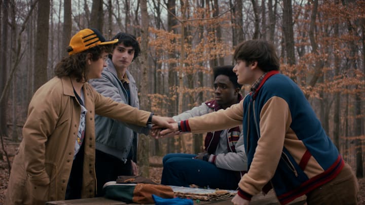 STRANGER THINGS. (L to R) Gaten Matarazzo as Dustin Henderson, Finn Wolfhard as Mike Wheeler, Caleb McLaughlin as Lucas Sinclair, and Noah Schnapp as Will Byers in STRANGER THINGS. Cr. Courtesy of Netflix © 2025 STRANGER THINGS. (L to R) Gaten Matarazzo as Dustin Henderson, Finn Wolfhard as Mike Wheeler, Caleb McLaughlin as Lucas Sinclair, and Noah Schnapp as Will Byers in STRANGER THINGS. Cr. Courtesy of Netflix © 2025