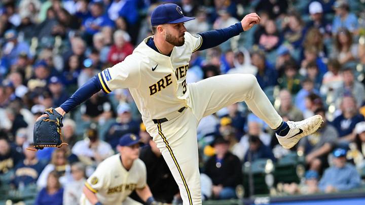 May 14, 2026; Milwaukee, Wisconsin, USA; Milwaukee Brewers pitcher DL Hall (37) lands after throwing a pitch in the sixth inning against the San Diego Padres at American Family Field. Mandatory Credit: Benny Sieu-Imagn Images