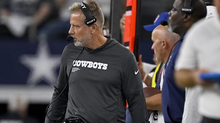 Dallas Cowboys defensive coordinator Matt Eberflus looks on during the game between the Cowboys and the Baltimore Ravens.
