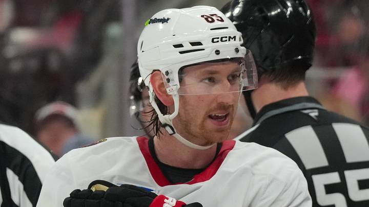 Apr 18, 2026; Raleigh, North Carolina, USA; Ottawa Senators defenseman Jake Sanderson (85) reacts against the Carolina Hurricanes during the third period in game one of the first round of the 2026 Stanley Cup Playoffs at Lenovo Center. Mandatory Credit: James Guillory-Imagn Images Apr 18, 2026; Raleigh, North Carolina, USA; Ottawa Senators defenseman Jake Sanderson (85) reacts against the Carolina Hurricanes during the third period in game one of the first round of the 2026 Stanley Cup Playoffs at Lenovo Center. Mandatory Credit: James Guillory-Imagn Images