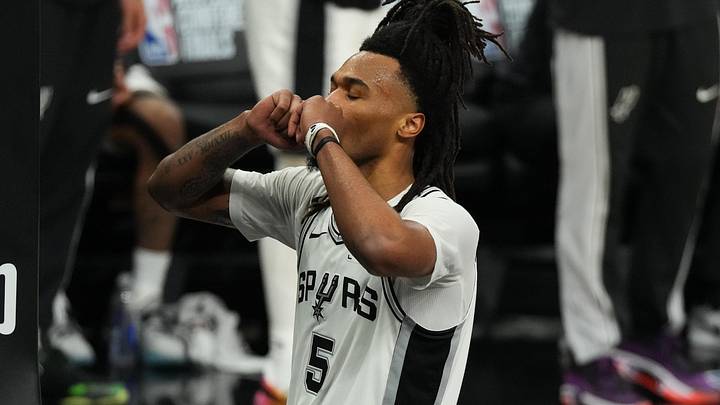 May 24, 2026; San Antonio, Texas, USA; San Antonio Spurs guard Stephon Castle (5) reacts in the third quarter against the Oklahoma City Thunder during game four of the western conference finals for the 2026 NBA playoffs at Frost Bank Center. Mandatory Credit: Scott Wachter-Imagn Images