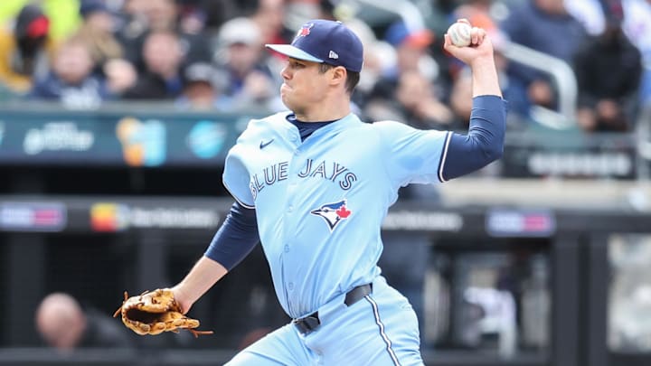 Apr 6, 2025; New York City, New York, USA;  Toronto Blue Jays relief pitcher Brendon Little (54) pitches in the eighth inning against the New York Mets at Citi Field.