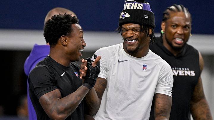 Baltimore Ravens wide receiver Zay Flowers jokes with Lamar Jackson before a game against the Dallas Cowboys at AT&T Stadium. Baltimore Ravens wide receiver Zay Flowers jokes with Lamar Jackson before a game against the Dallas Cowboys at AT&T Stadium.