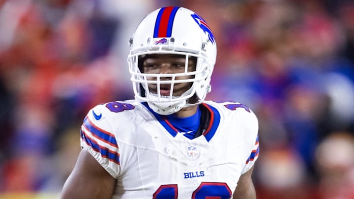 Jan 26, 2025; Kansas City, MO, USA; Buffalo Bills wide receiver Amari Cooper (18) against the Kansas City Chiefs during the AFC Championship game at GEHA Field at Arrowhead Stadium. Mandatory Credit: Mark J. Rebilas-Imagn Images