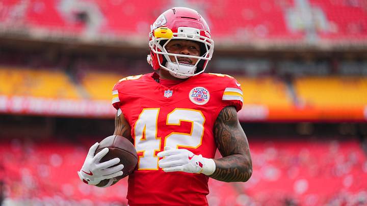 Aug 15, 2026; Kansas City, Missouri, USA; Kansas City Chiefs running back Jaydn Ott (42) warms up prior to a game against the Los Angeles Rams at Arrowhead Stadium. Mandatory Credit: Jay Biggerstaff-Imagn Images Aug 15, 2026; Kansas City, Missouri, USA; Kansas City Chiefs running back Jaydn Ott (42) warms up prior to a game against the Los Angeles Rams at Arrowhead Stadium. Mandatory Credit: Jay Biggerstaff-Imagn Images