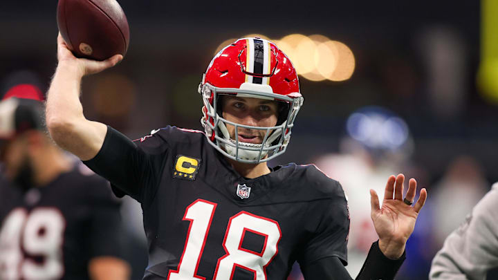 Dec 22, 2024; Atlanta, Georgia, USA; Atlanta Falcons quarterback Kirk Cousins (18) prepares for a game against the New York Giants at Mercedes-Benz Stadium. Mandatory Credit: Brett Davis-Imagn Images