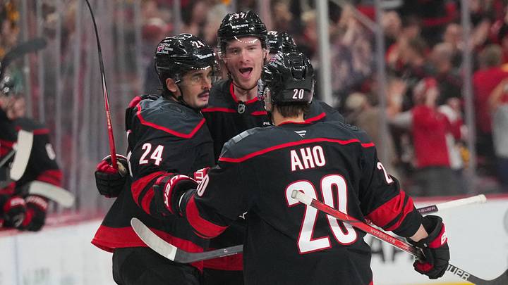 Mar 10, 2026; Raleigh, North Carolina, USA; Carolina Hurricanes center Seth Jarvis (24) celebrates his goal with right wing Andrei Svechnikov (37) and center Sebastian Aho (20) goal against the Pittsburgh Penguins during the third period at Lenovo Center. Mandatory Credit: James Guillory-Imagn Images Mar 10, 2026; Raleigh, North Carolina, USA; Carolina Hurricanes center Seth Jarvis (24) celebrates his goal with right wing Andrei Svechnikov (37) and center Sebastian Aho (20) goal against the Pittsburgh Penguins during the third period at Lenovo Center. Mandatory Credit: James Guillory-Imagn Images