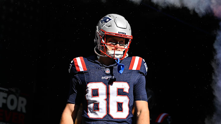 Nov 2, 2025; Foxborough, Massachusetts, USA; New England Patriots wide receiver Efton Chism III (86) walks out of the players tunnel before a game against the Atlanta Falcons at Gillette Stadium. Mandatory Credit: Eric Canha-Imagn Images