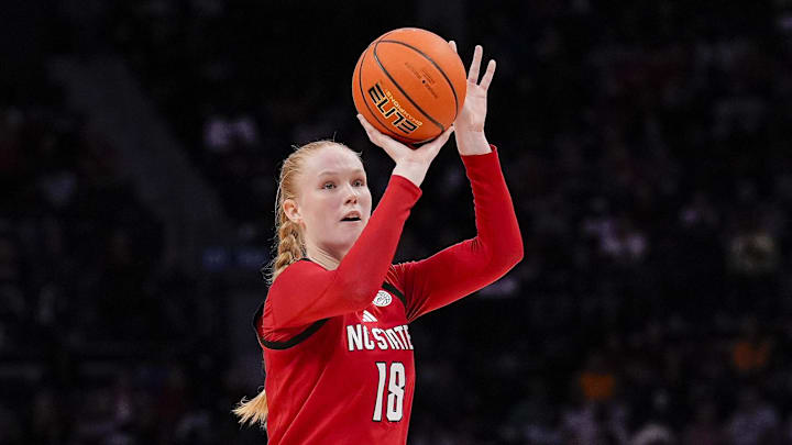 Nov 10, 2024; Charlotte, NC, USA; NC State Wolfpack forward Tilda Trygger (18) shoots a three against the South Carolina Gamecocks during the second half at Spectrum Center. Mandatory Credit: Jim Dedmon-Imagn Images