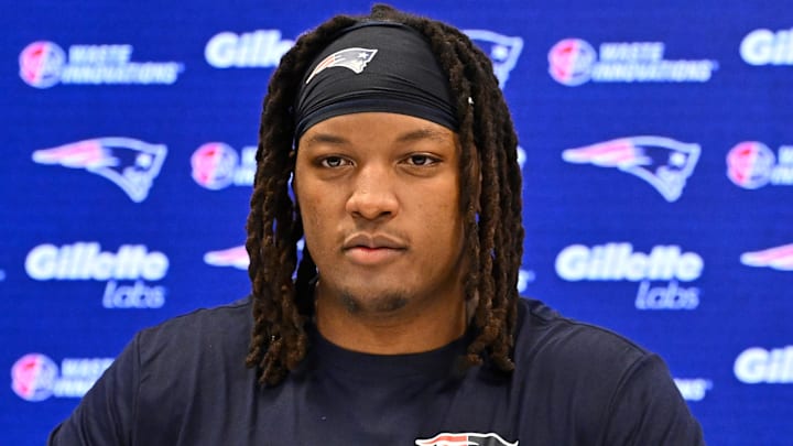 May 9, 2025; Foxborough, MA, USA; New England Patriots center Jared Wilson (58) speaks to the media after rookie camp at Gillette Stadium. Mandatory Credit: Eric Canha-Imagn Images May 9, 2025; Foxborough, MA, USA; New England Patriots center Jared Wilson (58) speaks to the media after rookie camp at Gillette Stadium. Mandatory Credit: Eric Canha-Imagn Images