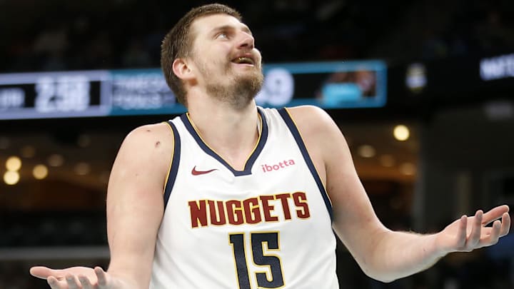 Mar 18, 2026; Memphis, Tennessee, USA; Denver Nuggets center Nikola Jokic (15) reacts during the second quarter against the Memphis Grizzlies at FedExForum. Mandatory Credit: Petre Thomas-Imagn Images