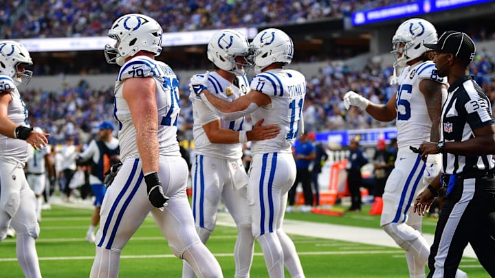 Sep 28, 2025; Inglewood, California, USA; Indianapolis Colts wide receiver Michael Pittman (11) celebrates his touchdown scored against the Los Angeles Rams with quarterback Daniel Jones (17) during the second half at SoFi Stadium. Mandatory Credit: Gary A. Vasquez-Imagn Images Sep 28, 2025; Inglewood, California, USA; Indianapolis Colts wide receiver Michael Pittman (11) celebrates his touchdown scored against the Los Angeles Rams with quarterback Daniel Jones (17) during the second half at SoFi Stadium. Mandatory Credit: Gary A. Vasquez-Imagn Images