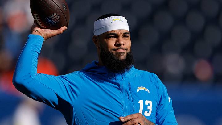 Jan 4, 2026; Denver, Colorado, USA; Los Angeles Chargers wide receiver Keenan Allen (13) warms up before the game against the Denver Broncos at Empower Field at Mile High. Mandatory Credit: Isaiah J. Downing-Imagn Images