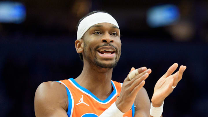 Jan 29, 2026; Minneapolis, Minnesota, USA; Oklahoma City Thunder guard Shai Gilgeous-Alexander (2) gestures to teammates in the second quarter against the Minnesota Timberwolves at Target Center. Mandatory Credit: Matt Blewett-Imagn Images