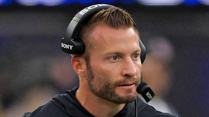 Nov 16, 2025; Inglewood, California, USA; Los Angeles Rams head coach Sean McVay looks on during the second half of the game against the Seattle Seahawks at SoFi Stadium. Mandatory Credit: Jayne Kamin-Oncea-Imagn Images