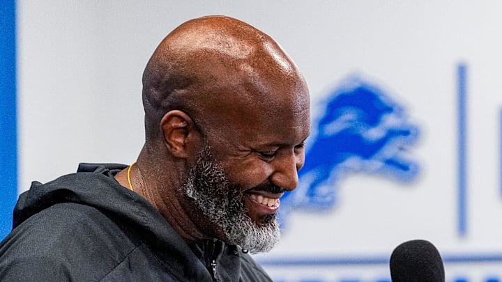 Detroit Lions executive vice president and general manager Brad Holmes speaks during media availability