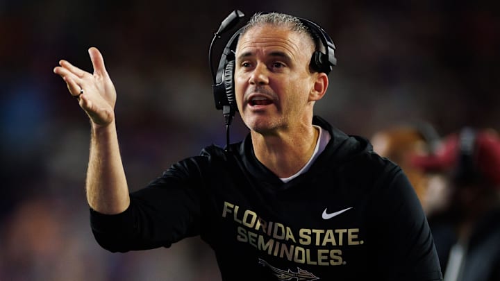 Nov 29, 2025; Gainesville, Florida, USA; Florida State Seminoles head coach Mike Norvell gestures against the Florida Gators during the second half at Ben Hill Griffin Stadium. Mandatory Credit: Matt Pendleton-Imagn Images