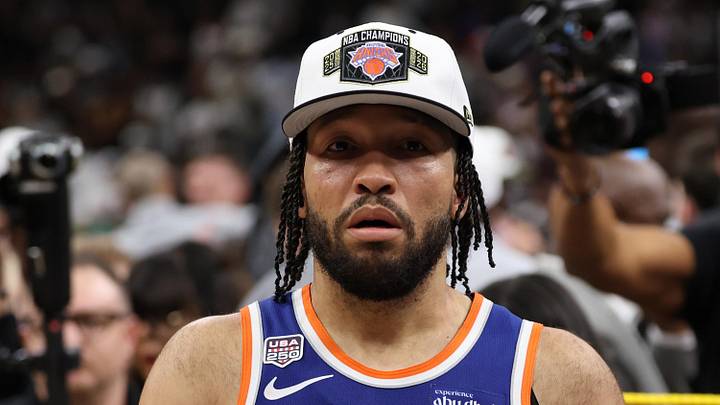 Jun 13, 2026; San Antonio, Texas, USA; New York Knicks guard Jalen Brunson (11) walks to the end of the court prior to the championship trophy celebration after game five of the 2026 NBA Finals against the San Antonio Spurs at Frost Bank Center. Mandatory Credit: Geoff Burke-Imagn Images Jun 13, 2026; San Antonio, Texas, USA; New York Knicks guard Jalen Brunson (11) walks to the end of the court prior to the championship trophy celebration after game five of the 2026 NBA Finals against the San Antonio Spurs at Frost Bank Center. Mandatory Credit: Geoff Burke-Imagn Images