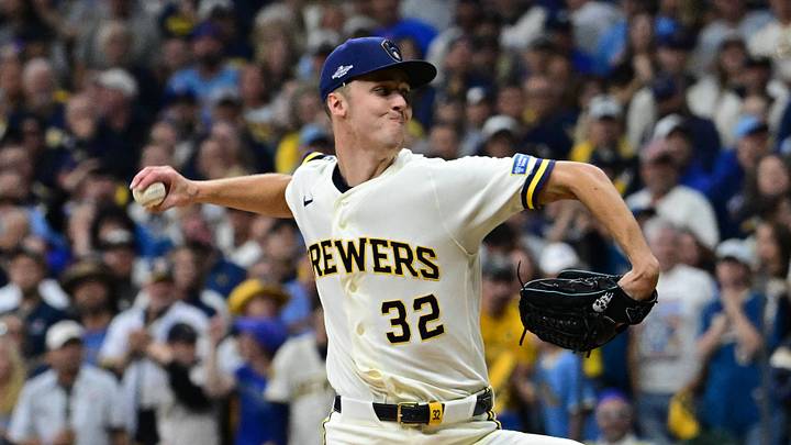 Oct 3, 2026; Milwaukee, Wisconsin, USA;  Milwaukee Brewers pitcher Jacob Misiorowski (32) pitches against the San Diego Padres during the first inning at American Family Field.  Mandatory Credit: Benny Sieu-Imagn Images