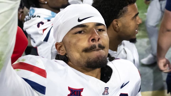 Nov 28, 2025; Tempe, Arizona, USA; Arizona Wildcats defensive back Treydan Stukes (2) celebrates after defeating the Arizona State Sun Devils during the 99th Territorial Cup at Mountain America Stadium. Mandatory Credit: Mark J. Rebilas-Imagn Images Nov 28, 2025; Tempe, Arizona, USA; Arizona Wildcats defensive back Treydan Stukes (2) celebrates after defeating the Arizona State Sun Devils during the 99th Territorial Cup at Mountain America Stadium. Mandatory Credit: Mark J. Rebilas-Imagn Images