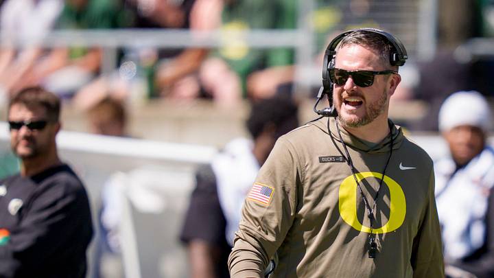 Oregon head coach Dan Lanning walks the field during the Oregon Ducks annual spring game on April 25, 2026 at Autzen Stadium in Eugene, Oregon.