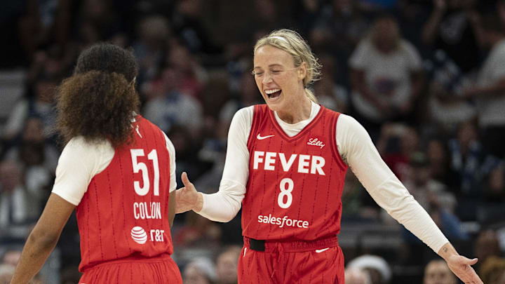 Jul 1, 2025; Minneapolis, Minnesota, USA; Indiana Fever guard Sophie Cunningham (8) celebrates with Indiana Fever guard Sydney Colson (51) after defeating the Minnesota Lynx during the Commissioner's Cup final at Target Center. Mandatory Credit: Jesse Johnson-Imagn Images Jul 1, 2025; Minneapolis, Minnesota, USA; Indiana Fever guard Sophie Cunningham (8) celebrates with Indiana Fever guard Sydney Colson (51) after defeating the Minnesota Lynx during the Commissioner's Cup final at Target Center. Mandatory Credit: Jesse Johnson-Imagn Images