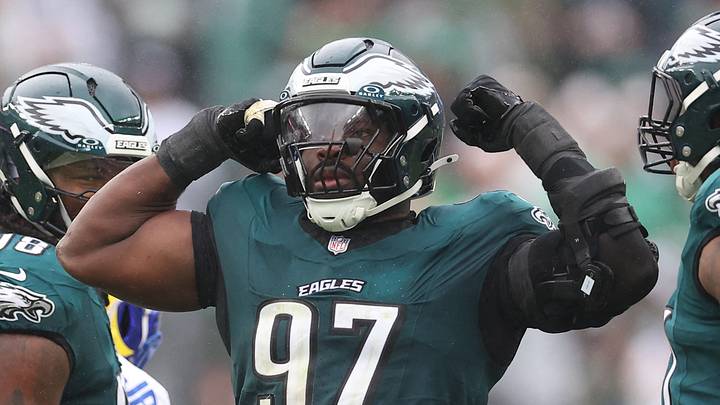Oct 4, 2026; Philadelphia, Pennsylvania, USA;  Philadelphia Eagles defensive tackle Moro Ojomo (97) reacts after a third-down stop against the Los Angeles Rams during the second quarter at Lincoln Financial Field.  
