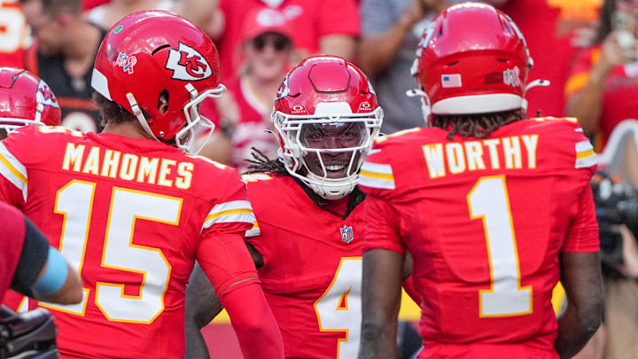 Sep 15, 2024; Kansas City, Missouri, USA; Kansas City Chiefs wide receiver Rashee Rice (4) celebrates after scoring against the Cincinnati Bengals during the game at GEHA Field at Arrowhead Stadium. Mandatory Credit: Denny Medley-Imagn Images Sep 15, 2024; Kansas City, Missouri, USA; Kansas City Chiefs wide receiver Rashee Rice (4) celebrates after scoring against the Cincinnati Bengals during the game at GEHA Field at Arrowhead Stadium. Mandatory Credit: Denny Medley-Imagn Images