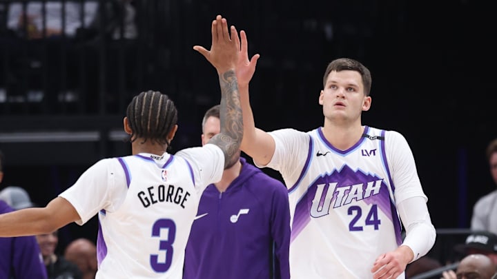 Oct 29, 2025; Salt Lake City, Utah, USA; Utah Jazz guard Keyonte George (3) and center Walker Kessler (24) react to a play against the Portland Trail Blazers during the first quarter at Delta Center. Mandatory Credit: Rob Gray-Imagn Images