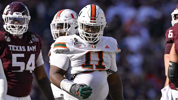 Dec 20, 2025; College Station, TX, USA; Miami Hurricanes defensive lineman David Blay Jr. (11) looks on during the game between the Aggies and the Hurricanes at Kyle Field. Mandatory Credit: Jerome Miron-Imagn Images