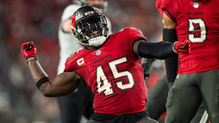 Former Tampa Bay Buccaneers linebacker Devin White (45) celebrates a sack against the Jacksonville Jaguars Former Tampa Bay Buccaneers linebacker Devin White (45) celebrates a sack against the Jacksonville Jaguars