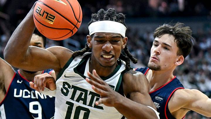 Michigan State’s Ethan Taylor gets a rebound against UConn during the second half on Tuesday, Oct. 20, 2026, at the Breslin Center in East Lansing. Michigan State’s Ethan Taylor gets a rebound against UConn during the second half on Tuesday, Oct. 20, 2026, at the Breslin Center in East Lansing.