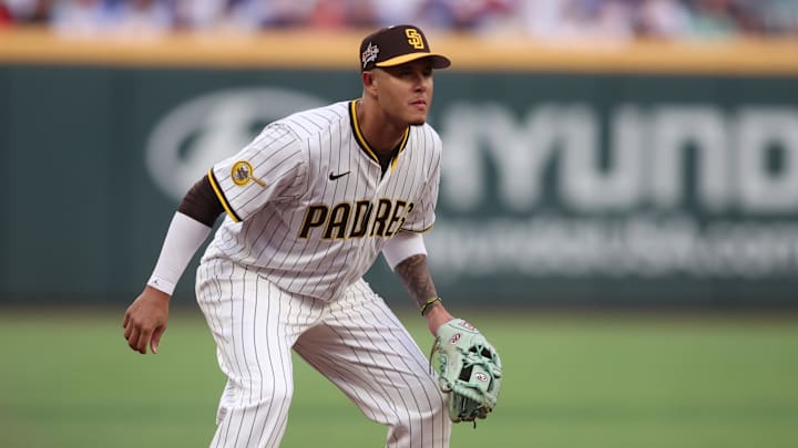 National League third baseman Manny Machado (13) of the San Diego Padres looks on during the 2025 MLB All Star Game at Truist Park on Tuesday.